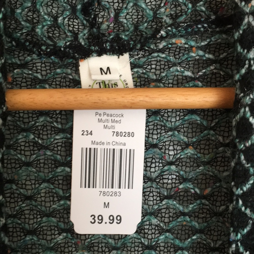 Sleeveless cardigan. Multi-colored with teals and blues. - Picture 9 of 11